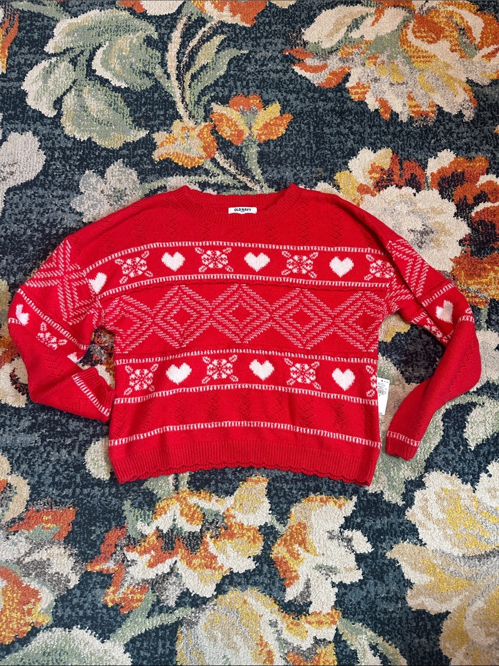 Old Navy Red Crewneck Sweater with White Heart & Geometric Motifs